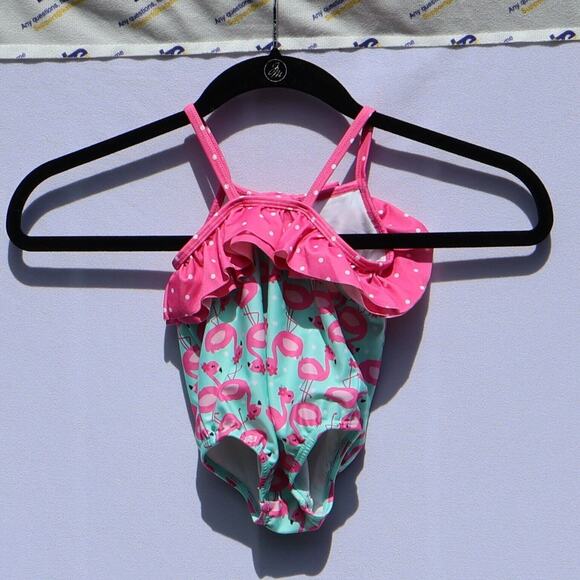 Gymboree One Piece Swimsuit 6 to 12 months Flamingos w/ Pink Bow, Polka Dots - Picture 2 of 5